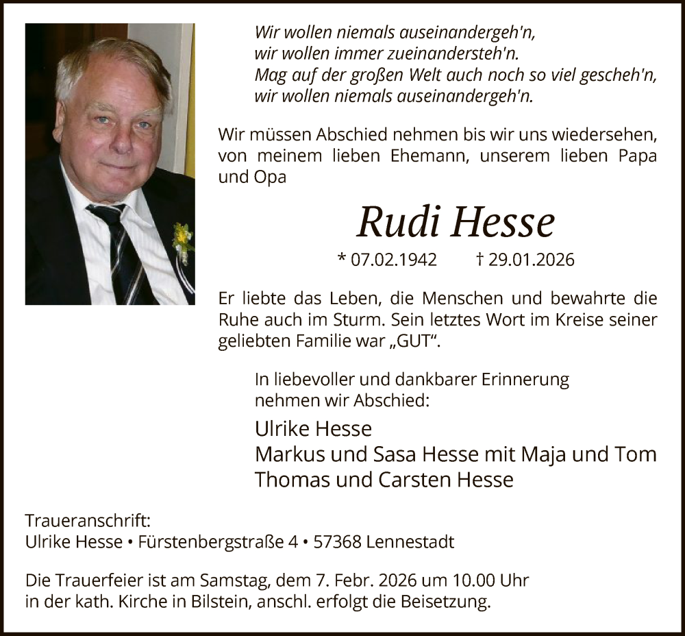  Traueranzeige für Rudi Hesse vom 07.02.2026 aus HASK