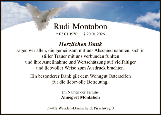 Traueranzeige von Rudi Montabon von HASK