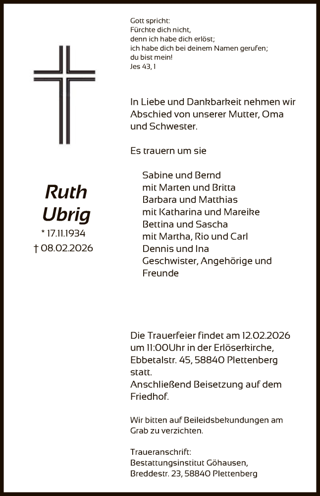  Traueranzeige für Ruth Ubrig vom 10.02.2026 aus HALN