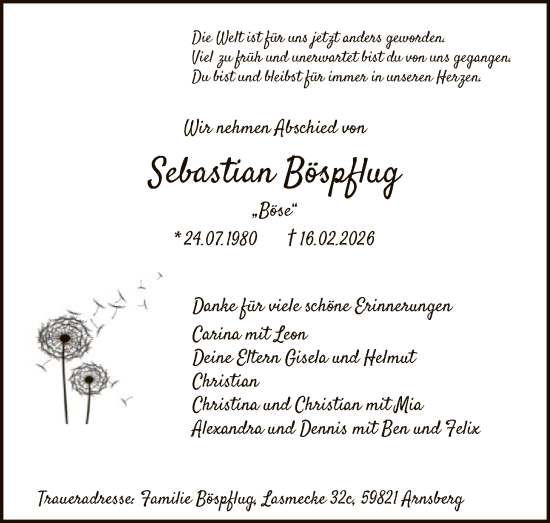 Traueranzeige von Sebastian Böspflug von HASK