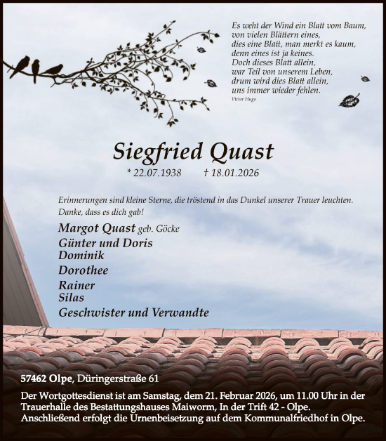 Traueranzeige von Siegfried Quast von HASK