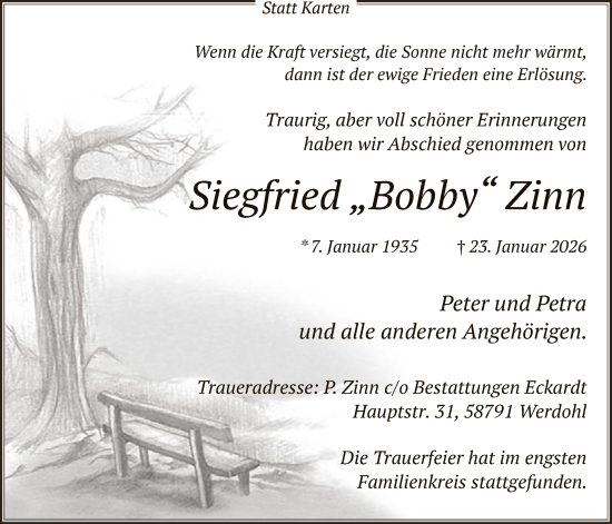 Traueranzeige von Siegfried Zinn von HALN