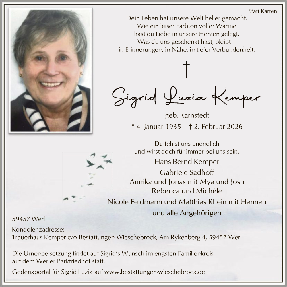  Traueranzeige für Sigrid Luzia Kemper vom 07.02.2026 aus HASO