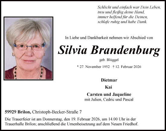Traueranzeige von Silvia Brandenburg von HASK