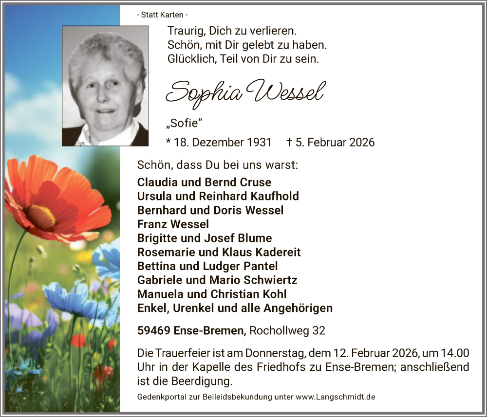  Traueranzeige für Sophia Wessel vom 10.02.2026 aus HASO