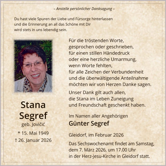 Traueranzeige von Stana Segref von HASK