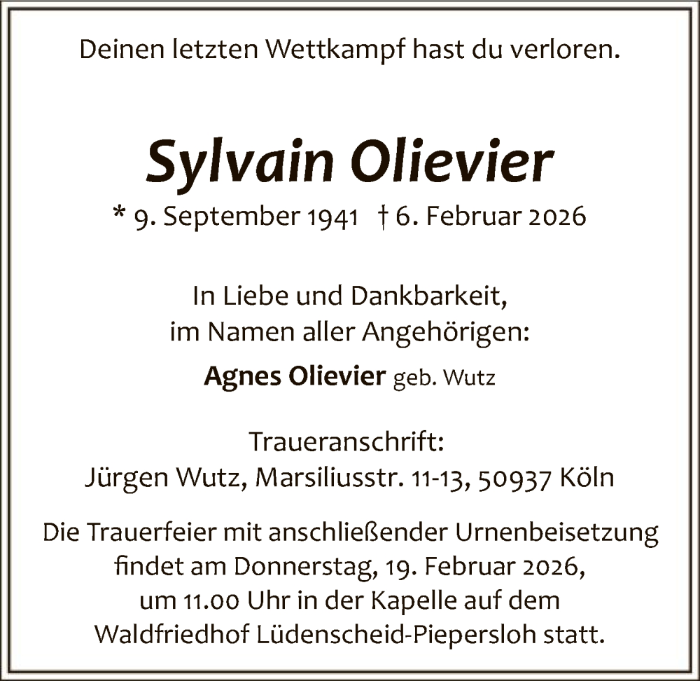 Traueranzeige für Sylvain Olievier vom 14.02.2026 aus HALN