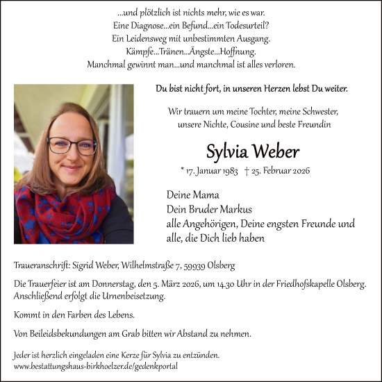 Traueranzeige von Sylvia Weber von HASK