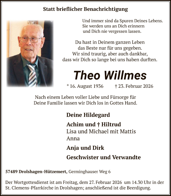 Traueranzeige von Theo Willmes von HASK