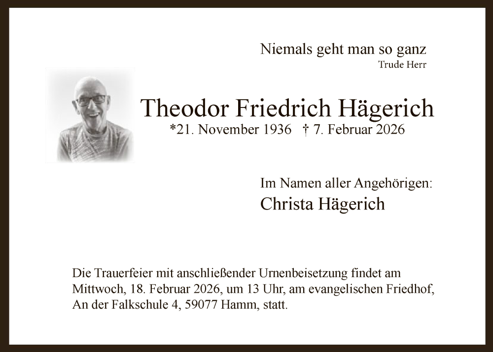  Traueranzeige für Theodor Friedrich Hägerich vom 14.02.2026 aus HAWA