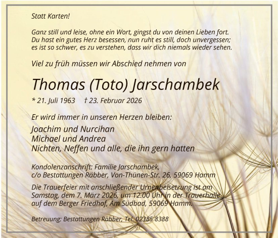 Traueranzeige von Thomas Jarschambek von HAWA