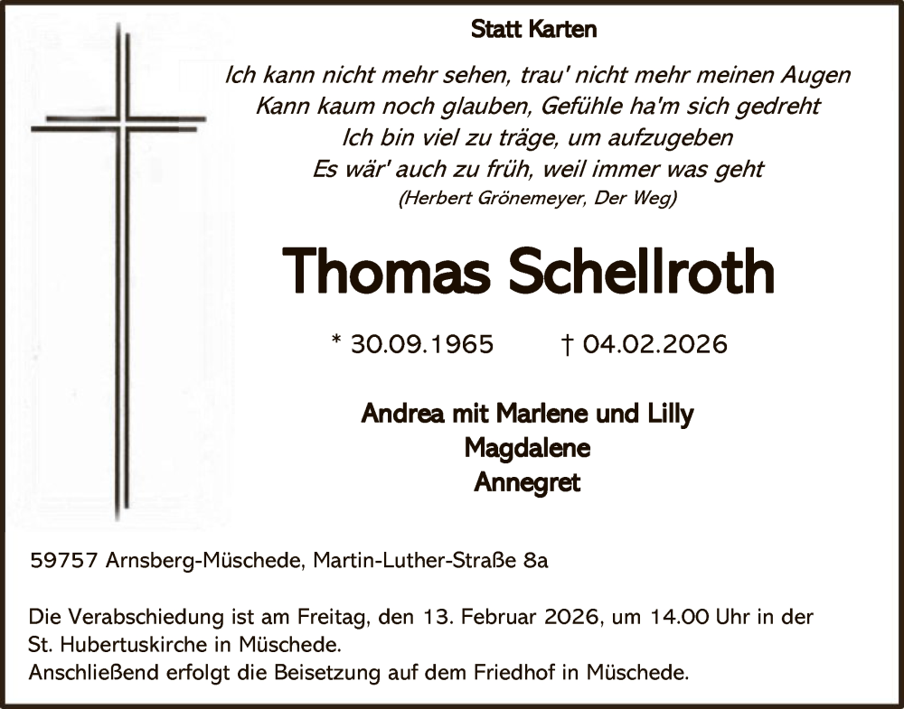  Traueranzeige für Thomas Schellroth vom 07.02.2026 aus HASK
