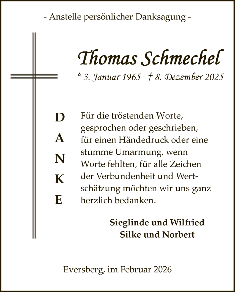  Traueranzeige für Thomas Schmechel vom 07.02.2026 aus HASK
