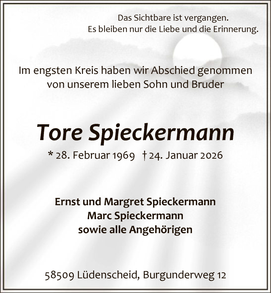  Traueranzeige für Tore Spieckermann vom 04.02.2026 aus HALN