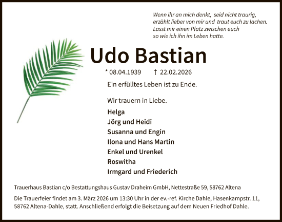 Traueranzeige von Udo Bastian von HALN