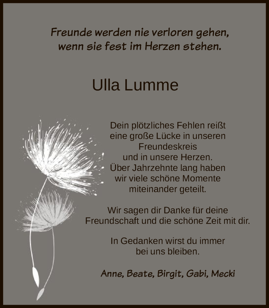  Traueranzeige für Ulla Lumme vom 07.02.2026 aus HASK