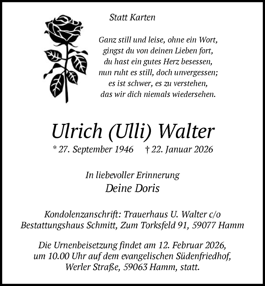  Traueranzeige für Ulrich Walter vom 07.02.2026 aus HAWA