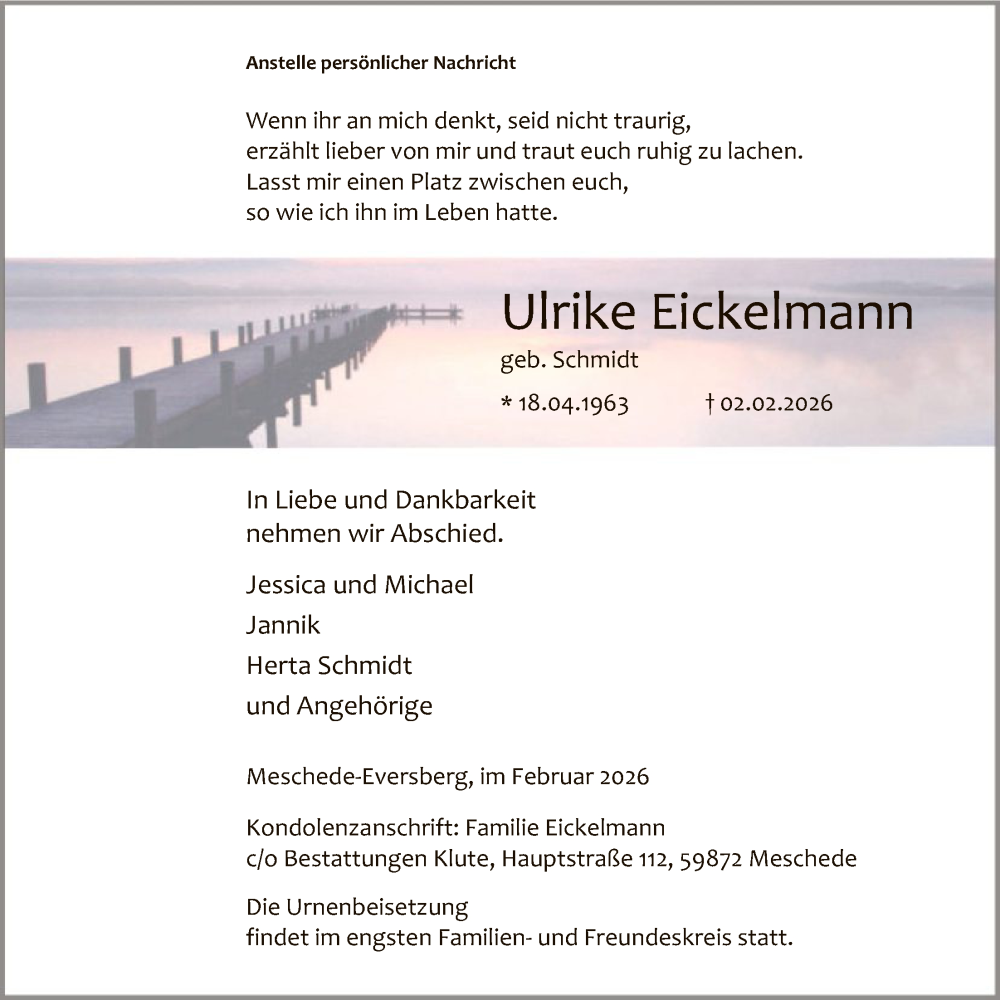  Traueranzeige für Ulrike Eickelmann vom 07.02.2026 aus HASK