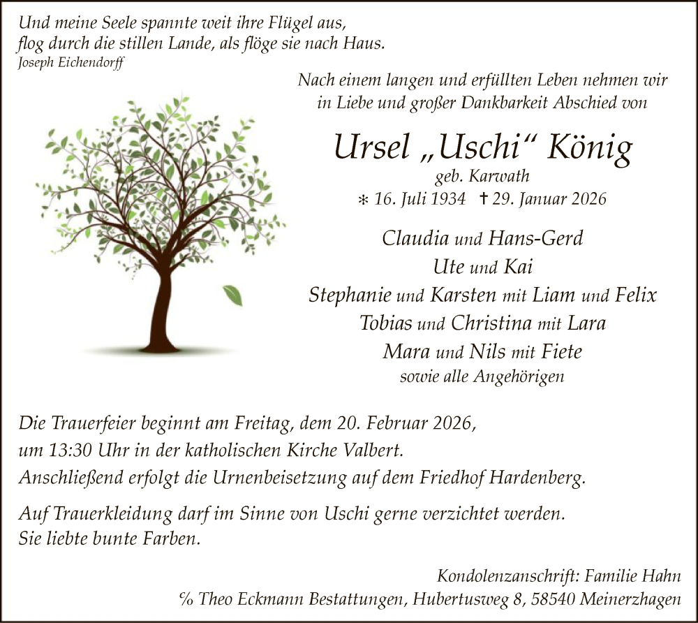 Traueranzeige für Ursel König vom 14.02.2026 aus HALN