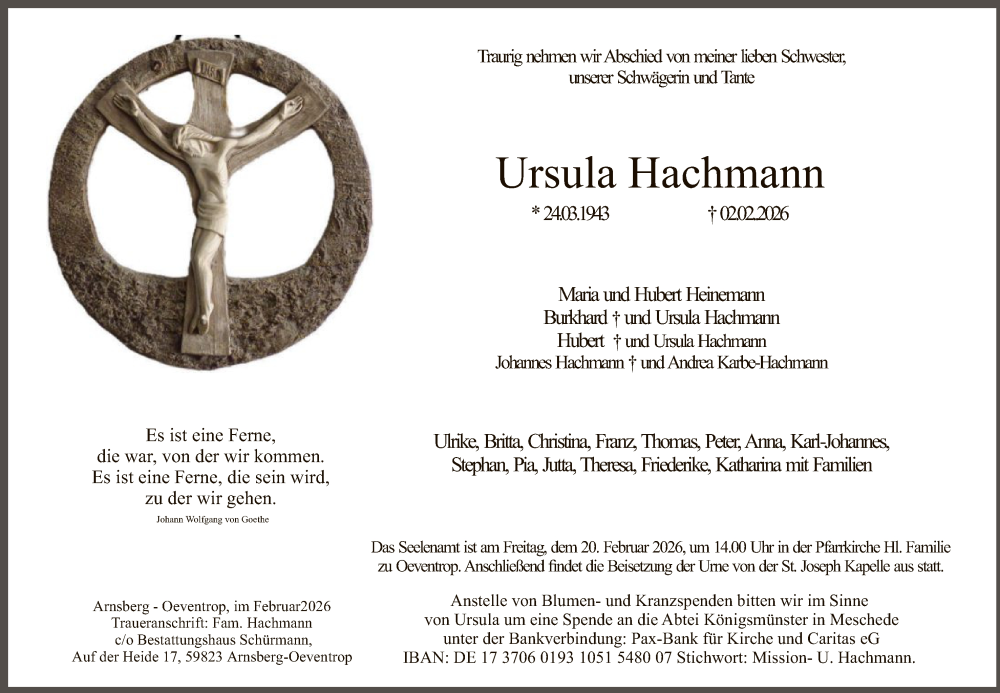  Traueranzeige für Ursula Hachmann vom 14.02.2026 aus HASK