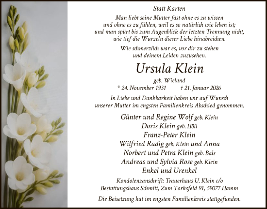 Traueranzeige von Ursula Klein von HAWA