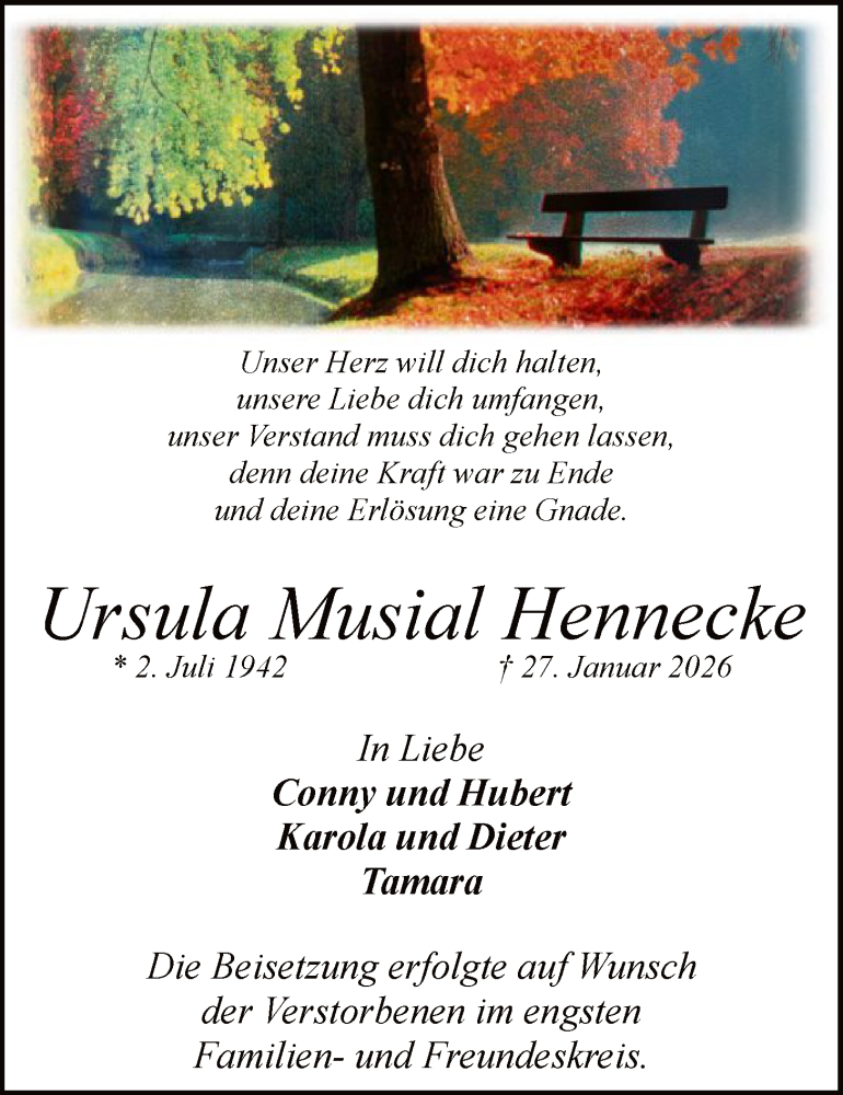  Traueranzeige für Ursula Musial Hennecke vom 14.02.2026 aus HASK