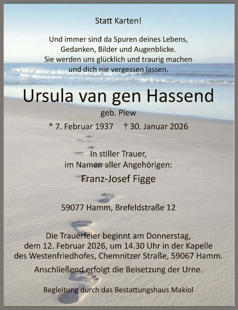  Traueranzeige für Ursula van gen Hassend vom 07.02.2026 aus HAWA