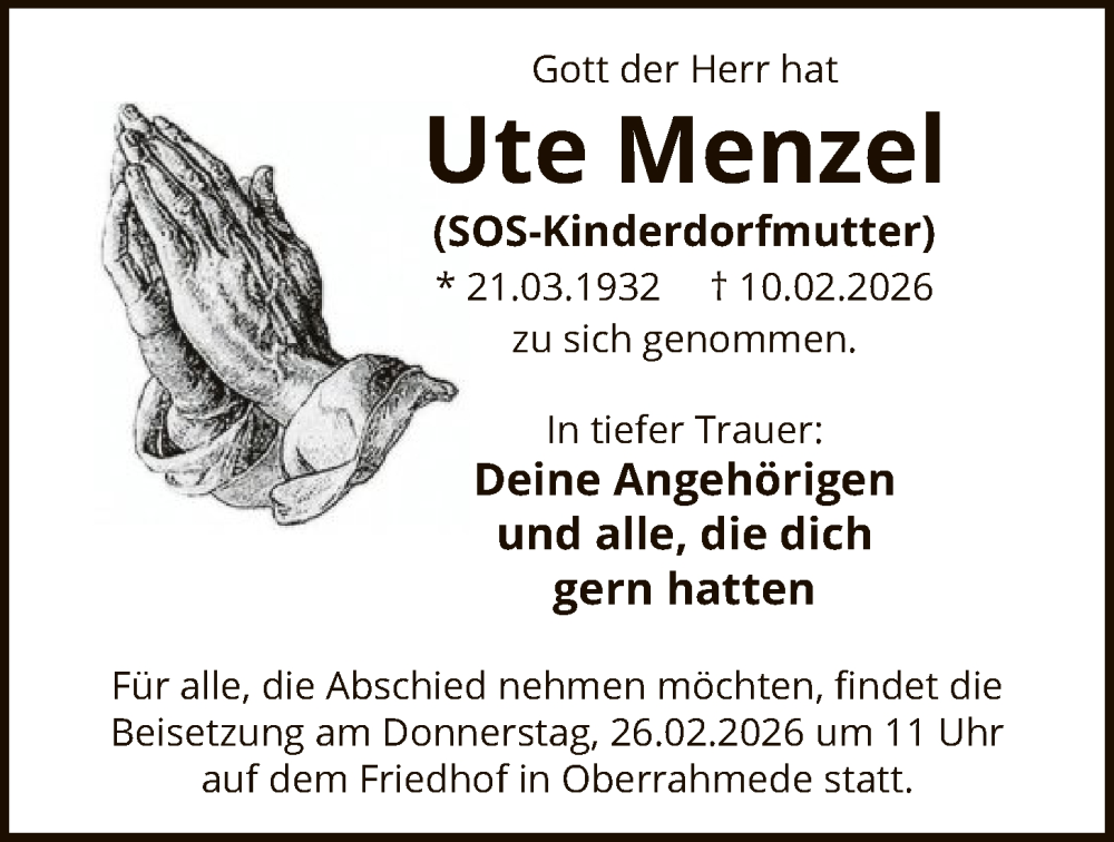 Traueranzeige für Ute Menzel vom 24.02.2026 aus HALN