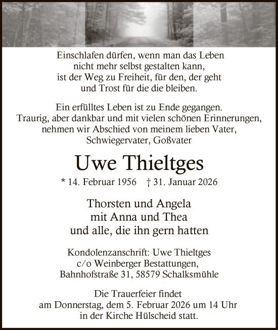 Traueranzeige von Uwe Thieltges von HALN