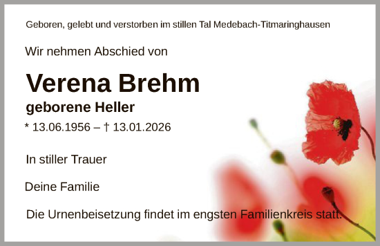 Traueranzeige von Verena Brehm von HASK
