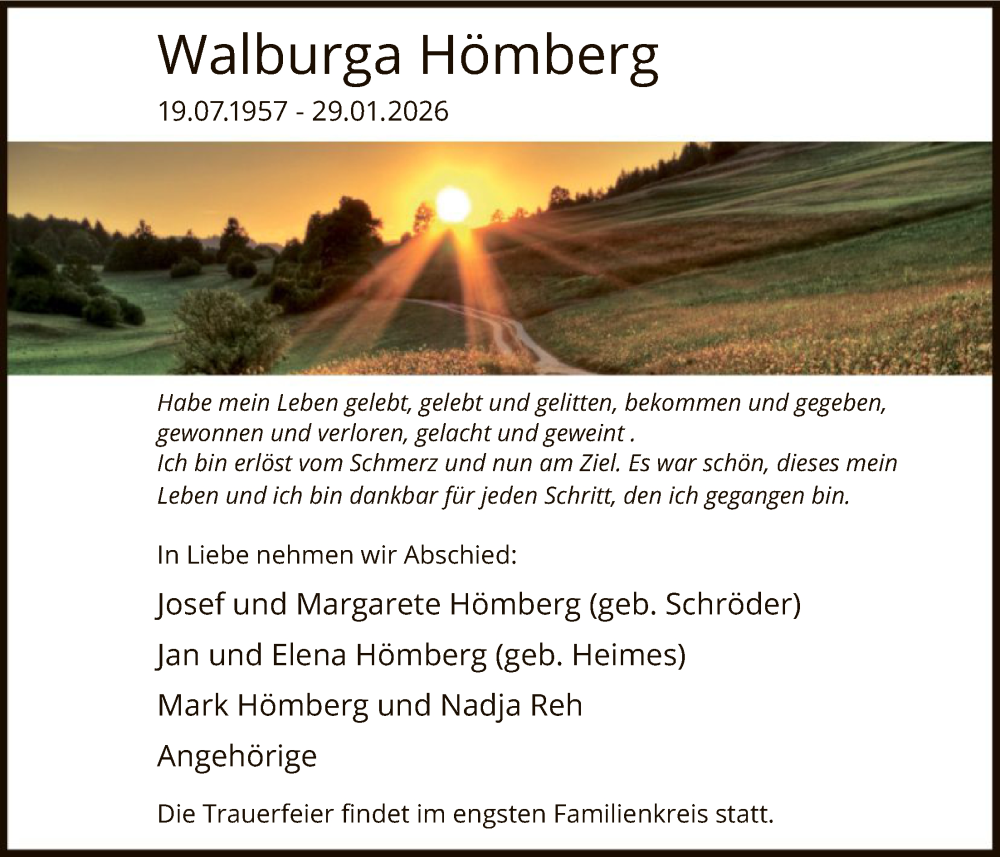  Traueranzeige für Walburga Hömberg vom 07.02.2026 aus HASK