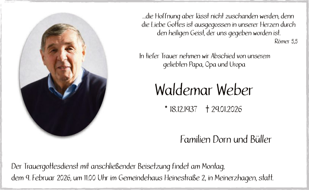  Traueranzeige für Waldemar Weber vom 07.02.2026 aus HALN