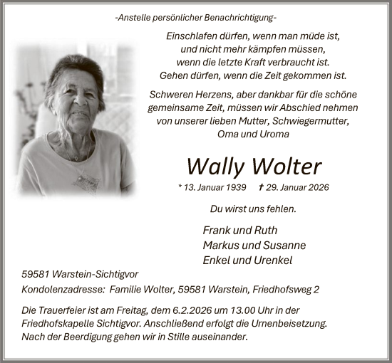 Traueranzeige von Wally Wolter von HASO