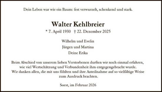 Traueranzeige von Walter Kehlbreier von HASO