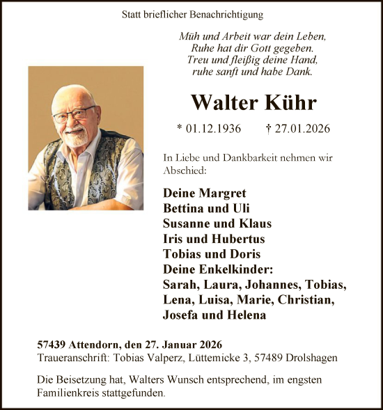 Traueranzeige von Walter Kühr von HASK
