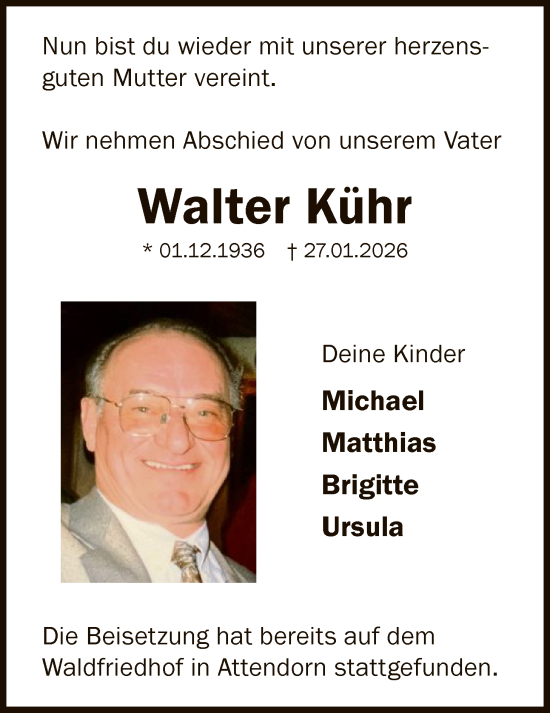Traueranzeige von Walter Kühr von HASK