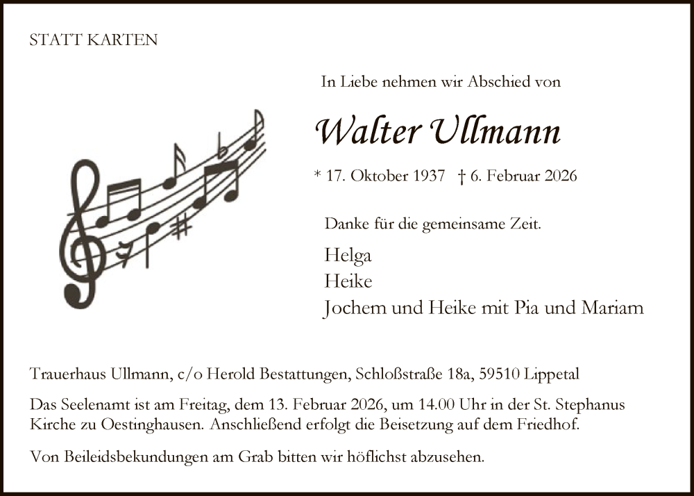  Traueranzeige für Walter Ullmann vom 10.02.2026 aus HASO