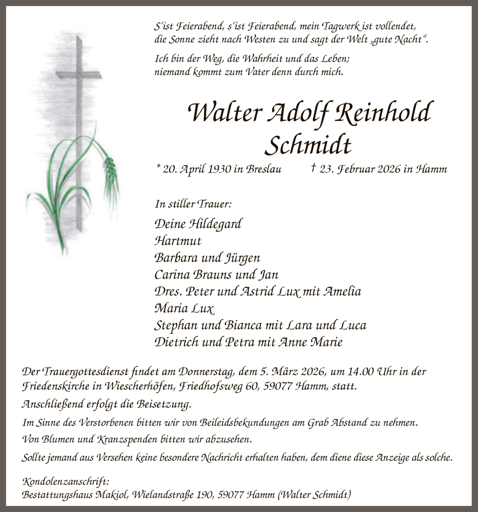  Traueranzeige für Walter Adolf Reinhold Schmidt vom 28.02.2026 aus HAWA