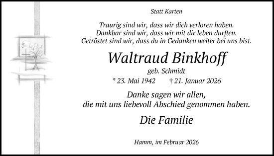 Traueranzeige von Waltraud Binkhoff von HAWA