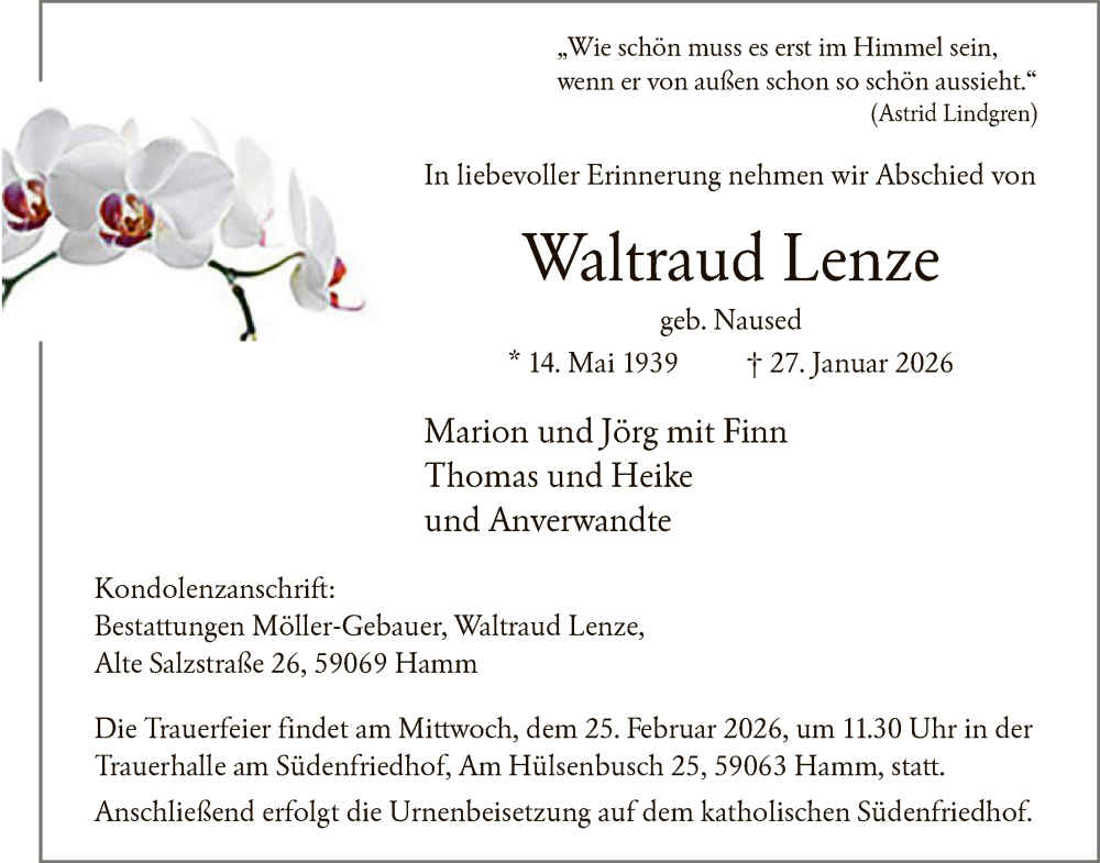  Traueranzeige für Waltraud Lenze vom 14.02.2026 aus HASO