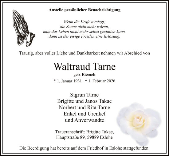 Traueranzeige von Waltraud Tarne von HASK