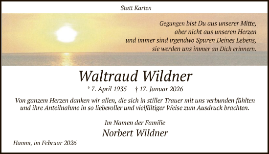Traueranzeige von Waltraud Wildner von HAWA