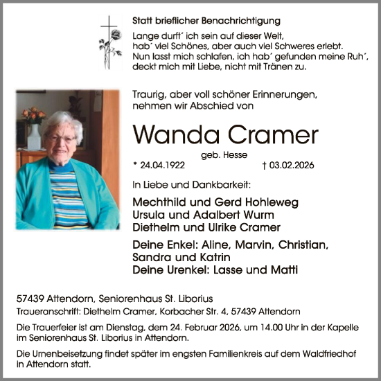 Traueranzeige von Wanda Cramer von HASK