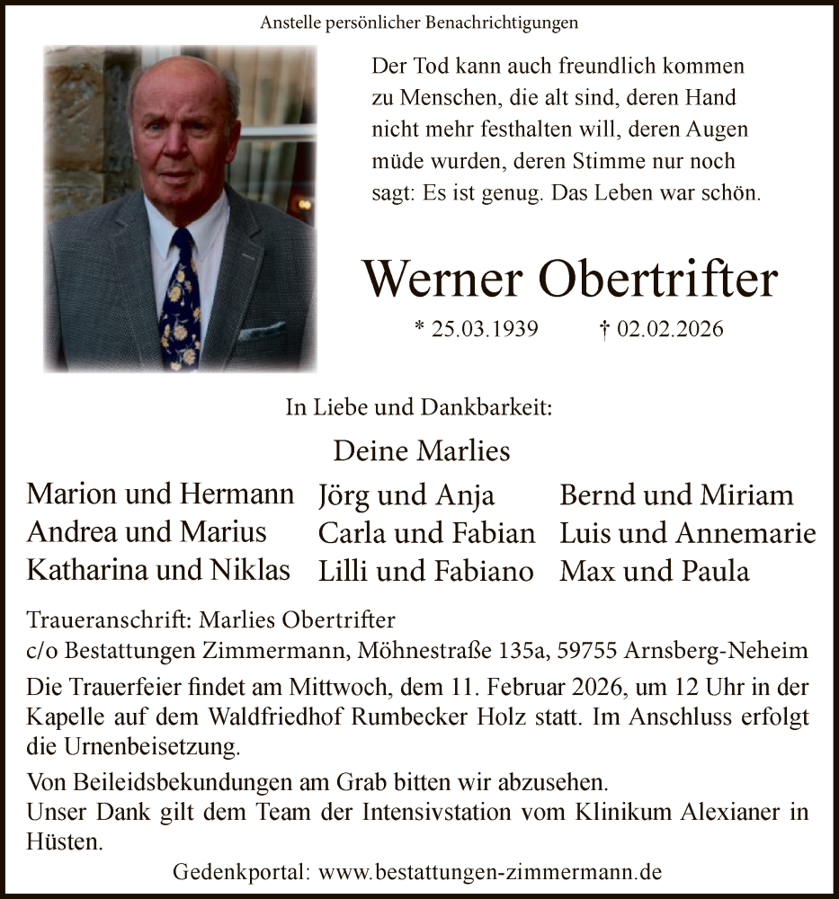  Traueranzeige für Werner Obertrifter vom 07.02.2026 aus HASK