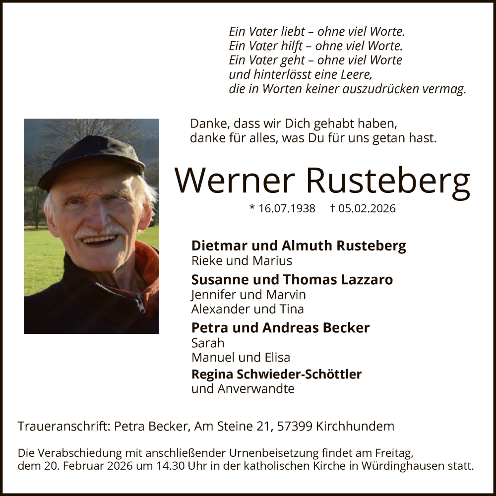  Traueranzeige für Werner Rusteberg vom 14.02.2026 aus HASK