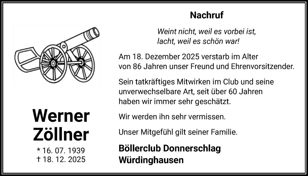  Traueranzeige für Werner Zöllner vom 07.02.2026 aus HASK