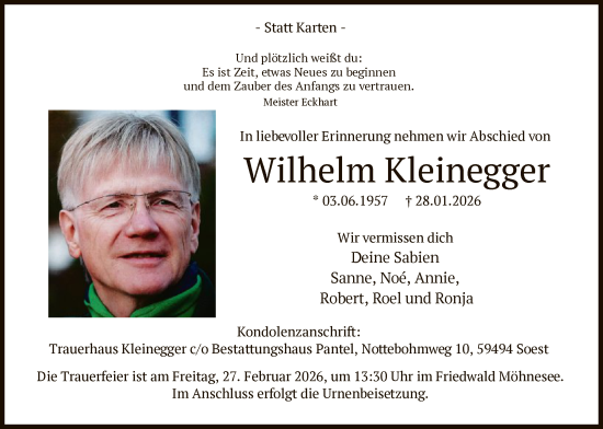 Traueranzeige von Wilhelm Kleinegger von HASO