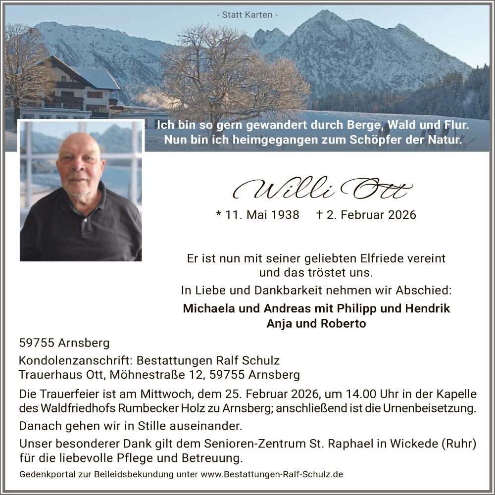  Traueranzeige für Willi Ott vom 14.02.2026 aus HASK