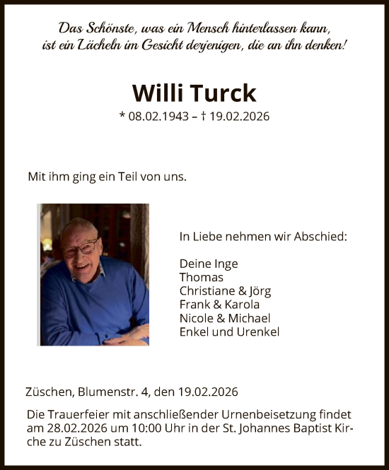 Traueranzeige von Willi Turck von HASK