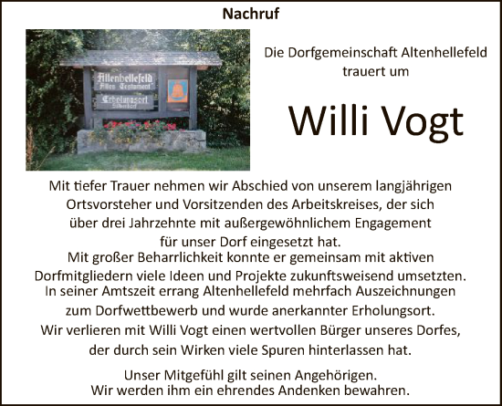 Traueranzeige von Willi Vogt von HASK